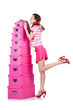 Young woman with storage boxes on white