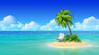 Chaise lounge and palm tree on tropical island.