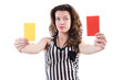 Woman referee with card on white
