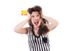 Woman referee with card on white