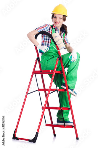 Photo: Woman repair worker with ladder Woman repair worker with ladder