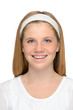 Happy young blonde girl smiling clean skin