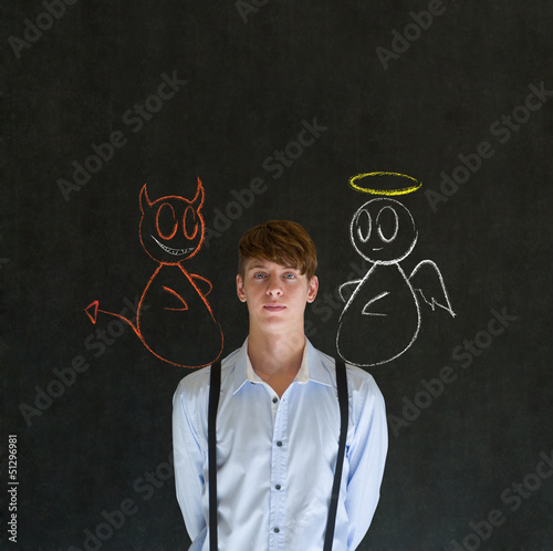 Photo: Devil and angel on shoulder man making decision Devil and angel on shoulder man making decision