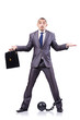 Businessman with shackles on white