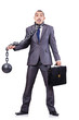 Businessman with shackles on white