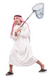 Arab businessman with catching net on white