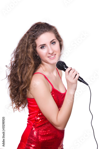 Photo: Young woman singing isolated on white Young woman singing isolated on white
