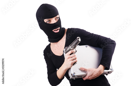 Photo: Criminal with gun isolated on white Criminal with gun isolated on white