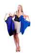Woman trying new clothing on white
