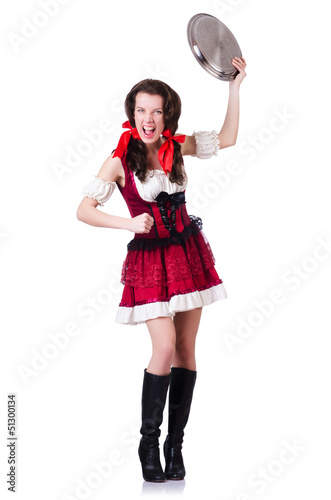 Photo: Bavarian girl with tray on white Bavarian girl with tray on white