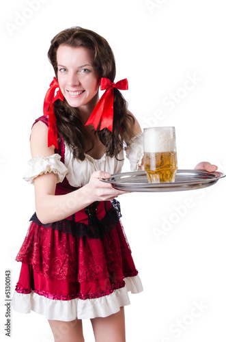 Photo: Bavarian girl with tray on white Bavarian girl with tray on white