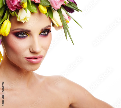 Photo: beauty woman portrait with wreath from flowers on head over whit beauty woman portrait with wreath from flowers on head over whit