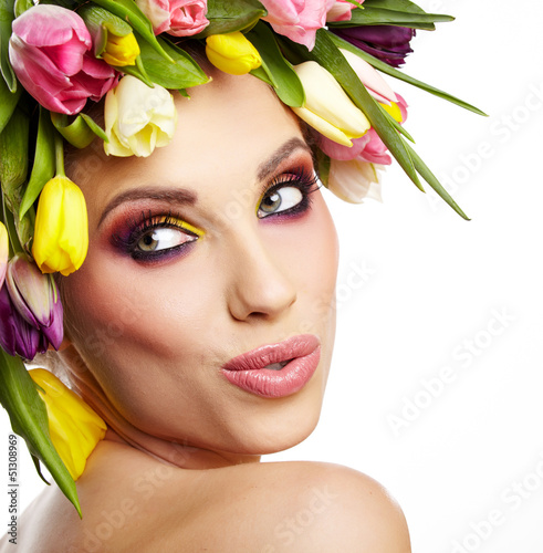 Photo: beauty woman portrait with wreath from flowers on head over whit beauty woman portrait with wreath from flowers on head over whit