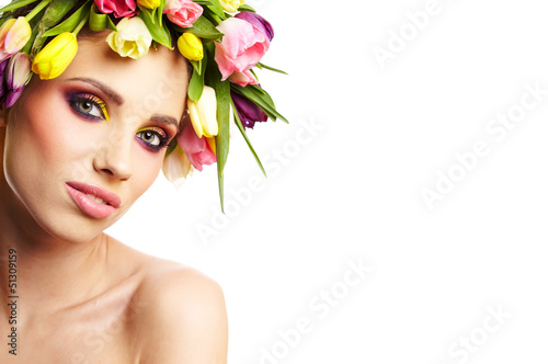 Photo: beauty woman portrait with wreath from flowers on head over whit beauty woman portrait with wreath from flowers on head over whit