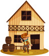 Vektör: A man holding a gun in front of a wooden house A man holding a gun in front of a wooden house