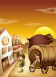 A wagon with kids near a saloon