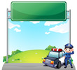 A young policeman with his police car near an empty signage