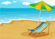 A seashore with a bench and an umbrella