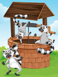 Three lemurs at the man-made well