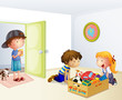 Three kids inside the house with a box of toys