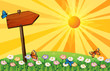 A sunset with a wooden signboard in the garden