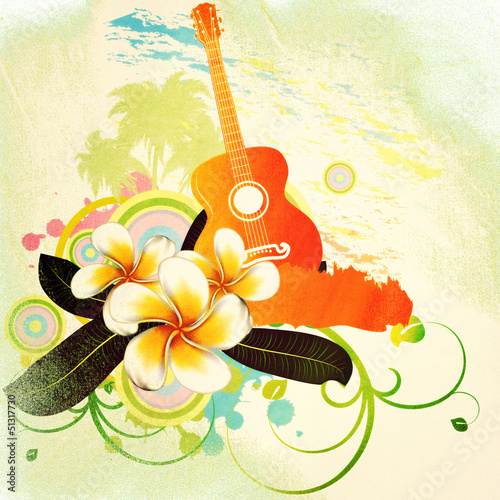 Illustration: Grunge tropical background with guitar Grunge tropical background with guitar