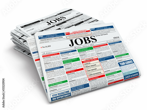 Illustration: Search job. Newspapers with advertisments. Search job. Newspapers with advertisments.