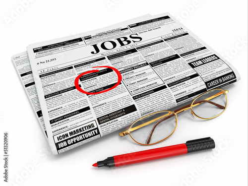 Illustration: Search job. Newspaper with advertisments, glasses and marker. Search job. Newspaper with advertisments, glasses and marker.