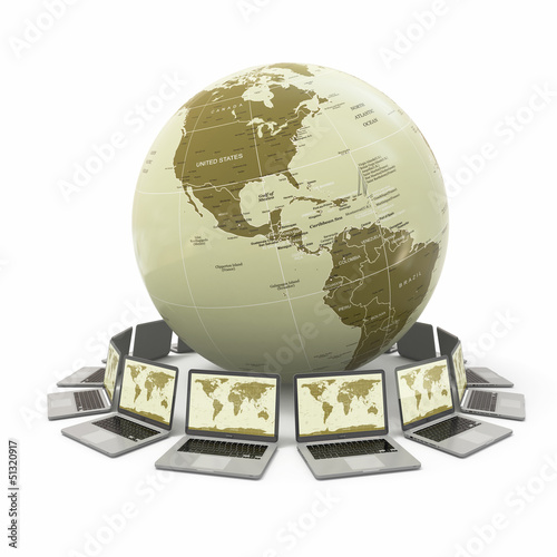 Illustration: Internet. Global communication. Earth and laptop. 3d Internet. Global communication. Earth and laptop. 3d