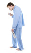 tired man getting out of bed in pajamas