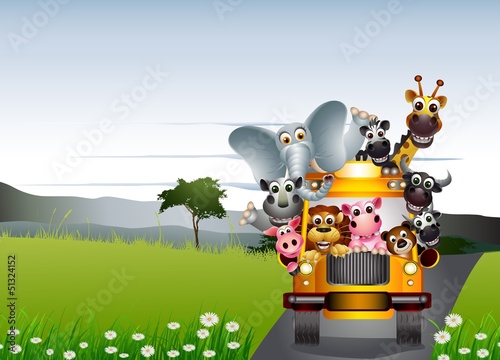 Vector: funny animal cartoon on yellow car and tropical forest funny animal cartoon on yellow car and tropical forest