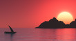 Small boat at sunset sea