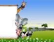 funny animal cartoon with blank sign and tropical forest