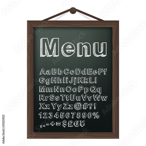 Vector: Cafe menu board with chalk alphabet. Vector illustration. Cafe menu board with chalk alphabet. Vector illustration.