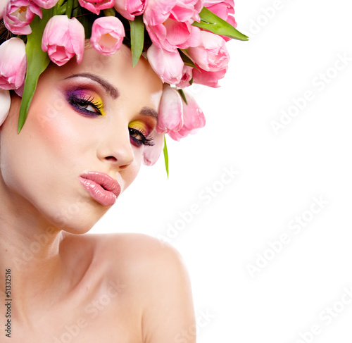 Photo: beauty woman portrait with wreath from flowers on head over whit beauty woman portrait with wreath from flowers on head over whit