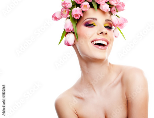 Photo: beauty woman portrait with wreath from flowers on head over whit beauty woman portrait with wreath from flowers on head over whit