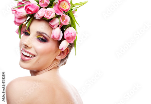 Photo: beauty woman portrait with wreath from flowers on head over whit beauty woman portrait with wreath from flowers on head over whit