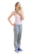 Photo: young woman with scales and apple. Concept of healthy lifestyle young woman with scales and apple. Concept of healthy lifestyle