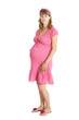 A pregnant woman, 9 months, holding her tummy. Isolated on white