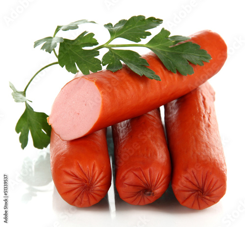 Photo: Yummy Sausages isolated on white Yummy Sausages isolated on white