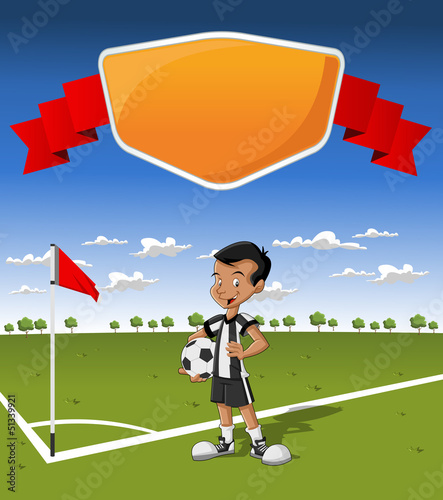 Vector: Template with young boy on football / soccer field Template with young boy on football / soccer field