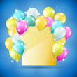 golden card with balloons and sparkles