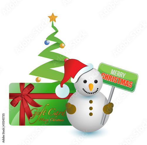 Illustration: Snowman, tree and merry Christmas gift card Snowman, tree and merry Christmas gift card