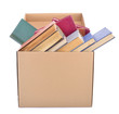 Open cardboard box with antique books