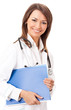 Cheerful doctor with blue folder, over white