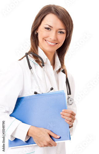 Photo: Cheerful doctor with blue folder, over white Cheerful doctor with blue folder, over white