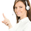 Customer support phone operator in headset pointing
