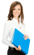 Photo: Smiling businesswoman with blue folder, isolated Smiling businesswoman with blue folder, isolated