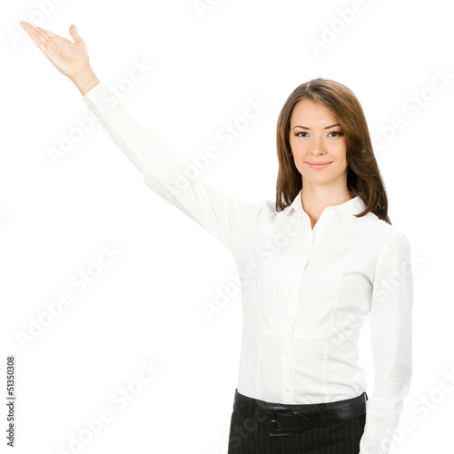 Photo: Businesswoman showing something, isolated Businesswoman showing something, isolated