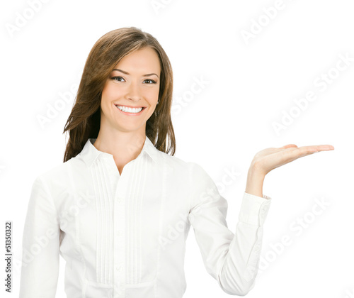 Photo: Happy smiling young business woman showing Happy smiling young business woman showing
